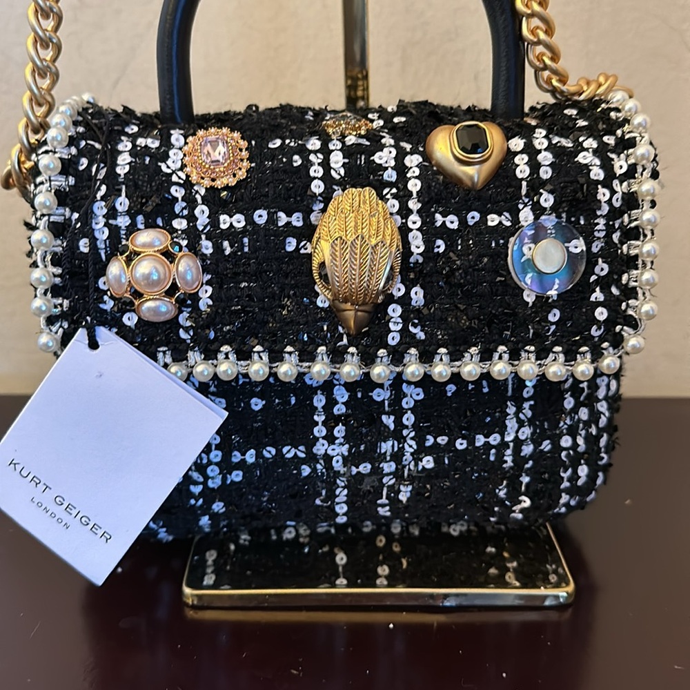 NWTGS Kurt Geiger black and white plaid bejeweled fabric handle mini Kensington! - Picture 2 of 9